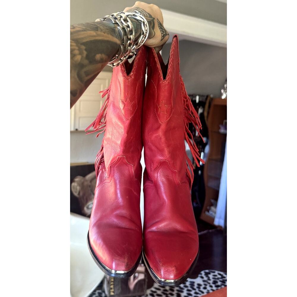 ACME Red Heeled Boots with Fringe - Picture 2 of 6